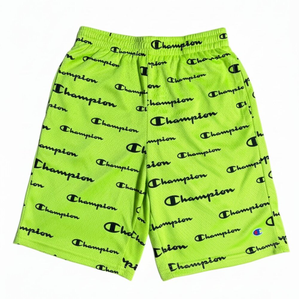 Champion Boys Mesh Shorts Athletic Neon Yellow Allover Script Logo 10/12 NEW